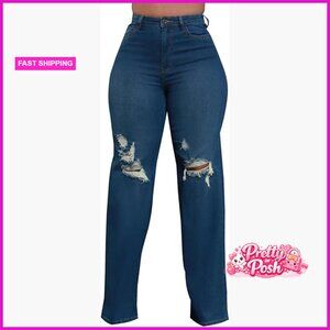 Wide Leg Straight Jeans High Waisted Baggy Stretch Loose Denim Pants